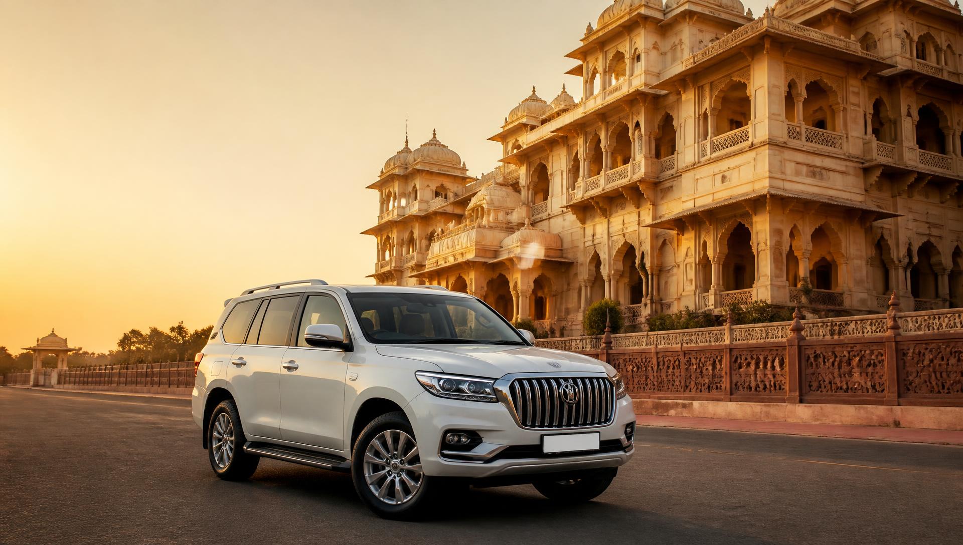 Chauffeur-driven car waiting outside a Rajasthani palace at golden hour in Jaipur